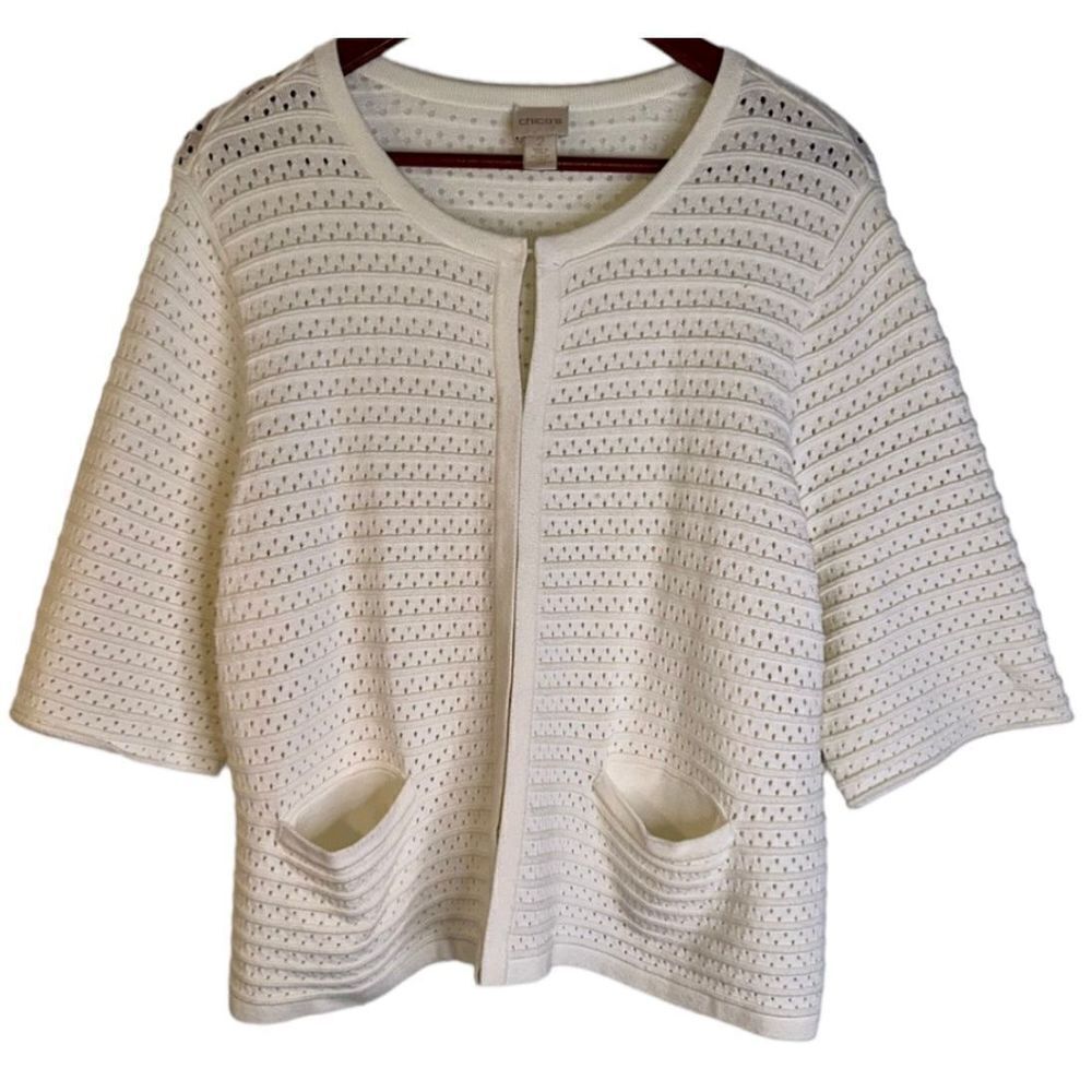 Chico’s Womens L White Eyelet Knit Cozy Modern Short‎ Sleeve Cardigan Sweater
